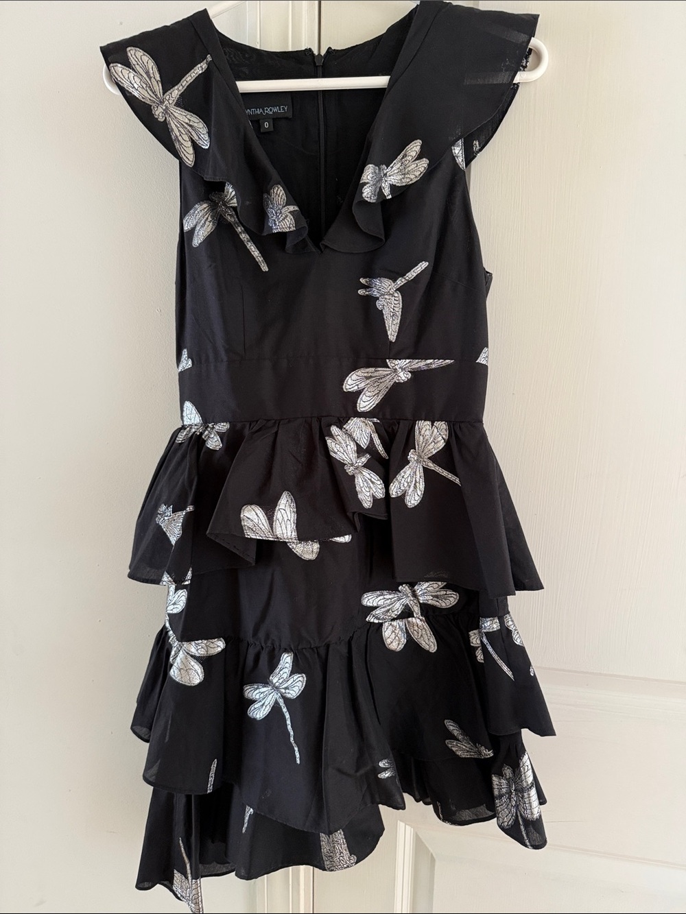 Cynthia Rowley Black Mini Dress with White Dragonfly Prints
